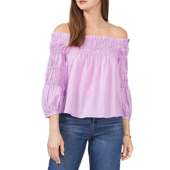 Vince Camuto Cotton Smocked Off The Shoulder Shirt Pullover Top Soft Iris XS - Picture 1 of 5